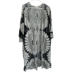 Umgee Black Cream Sheer Mesh Lace Netted Crochet Kimono Open Cardigan S